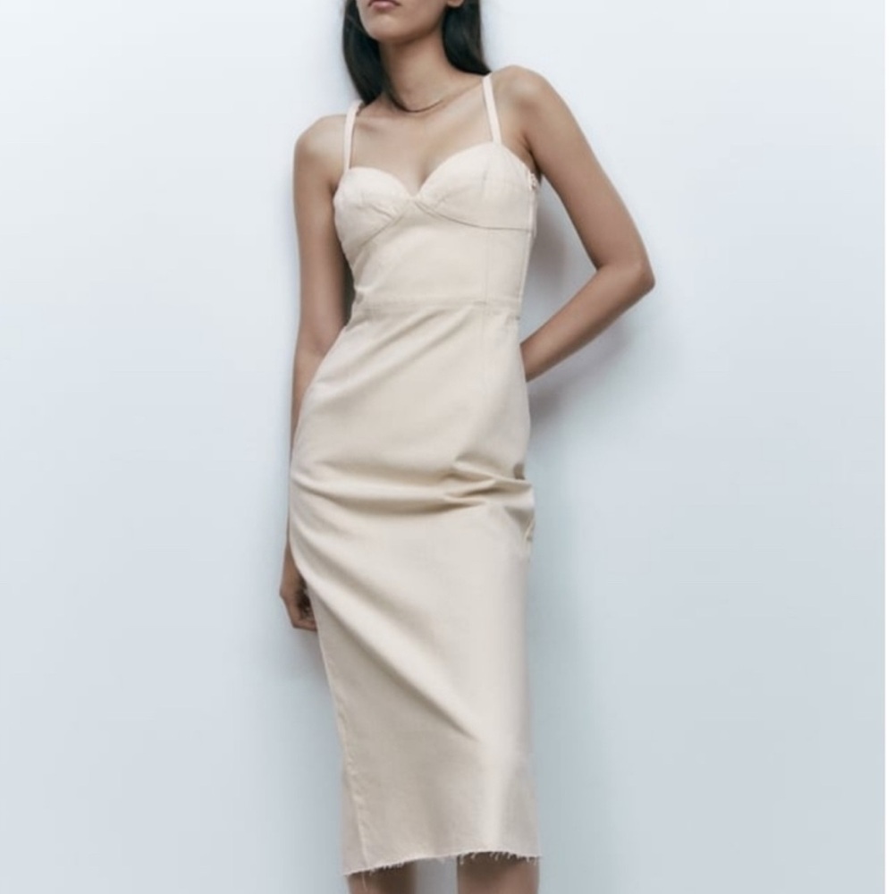 Zara Corset Beige Denim Jeans Strappy Midi dress